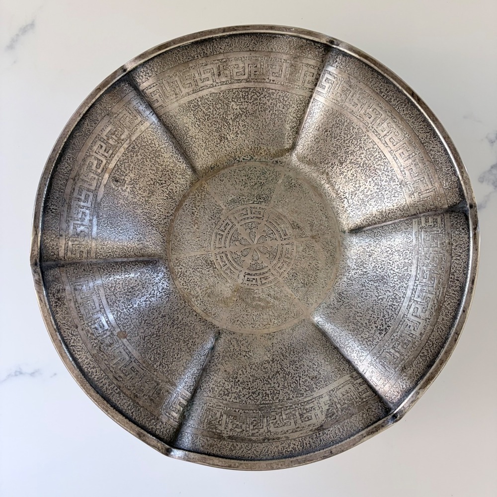 Vintage Homan Plate Hellenik Nickel Silver Bowl Greek Key Hammered Textured 10"